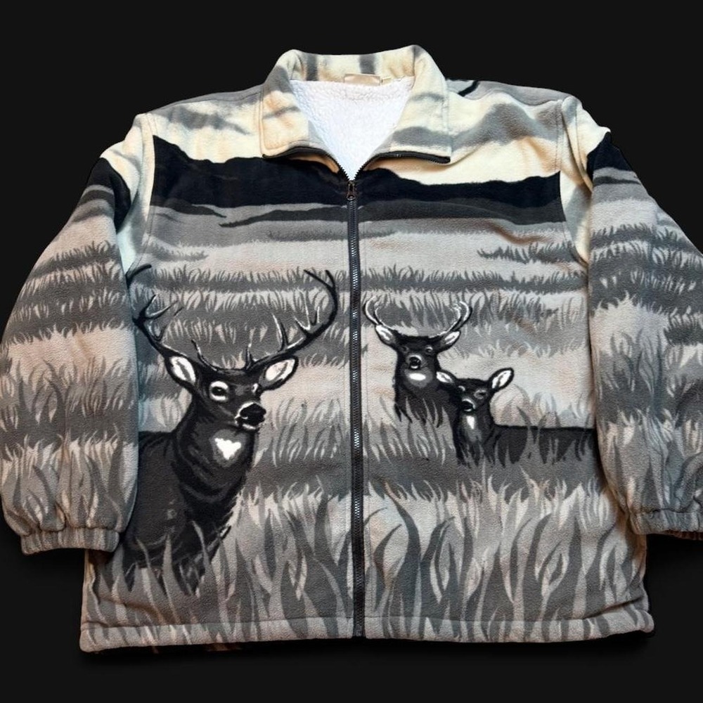 Vintage CW Classics animal all over deer print fleece jacket sherpa lined 2XL